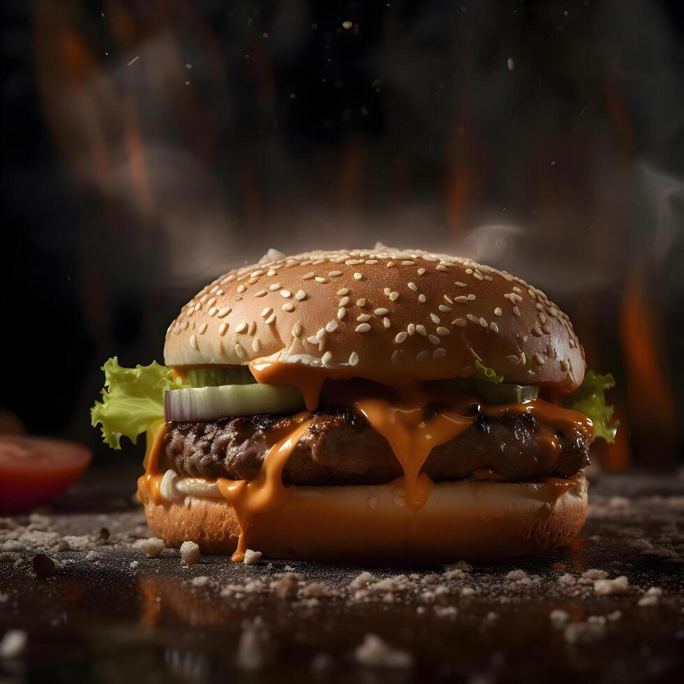 Burger with smoke on a black background, close up., Image photo