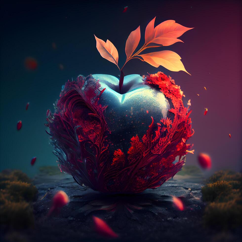 fantasía ilustración de un rojo manzana en el forma de un corazón., ai generativo imagen foto