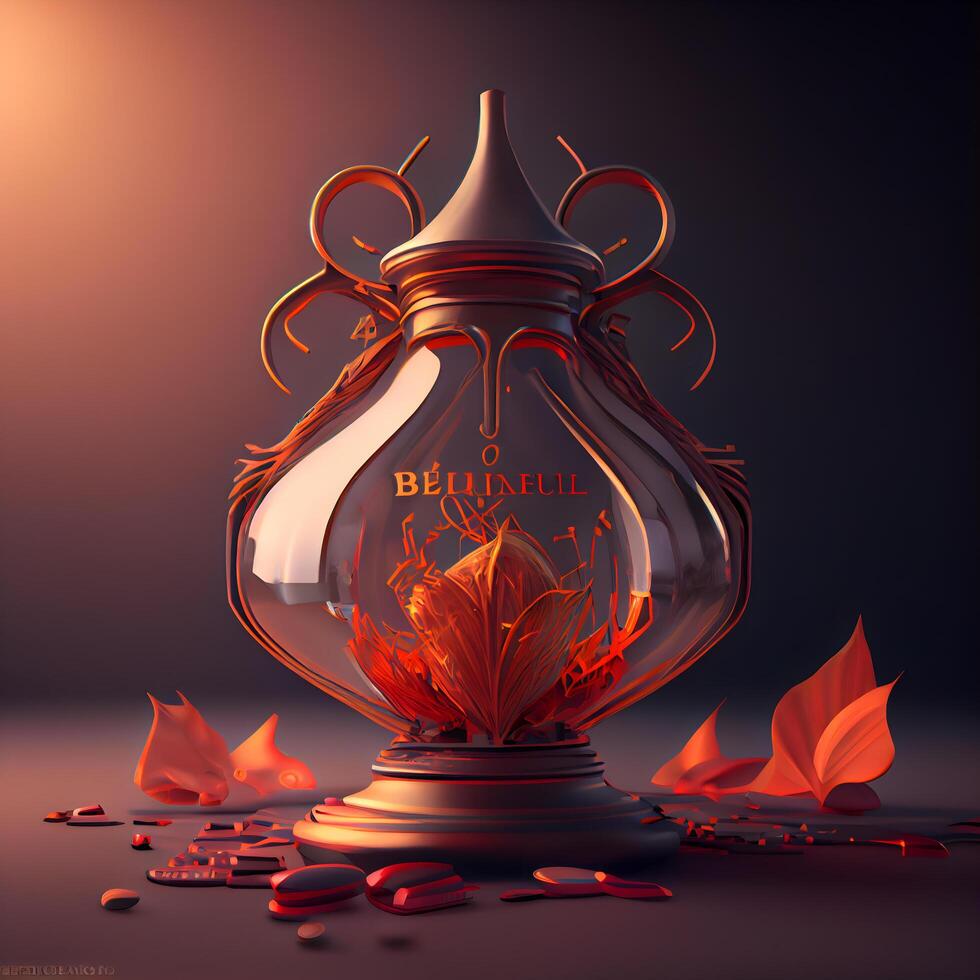 3d rendering of a clay pot with a burning candle inside., Image photo