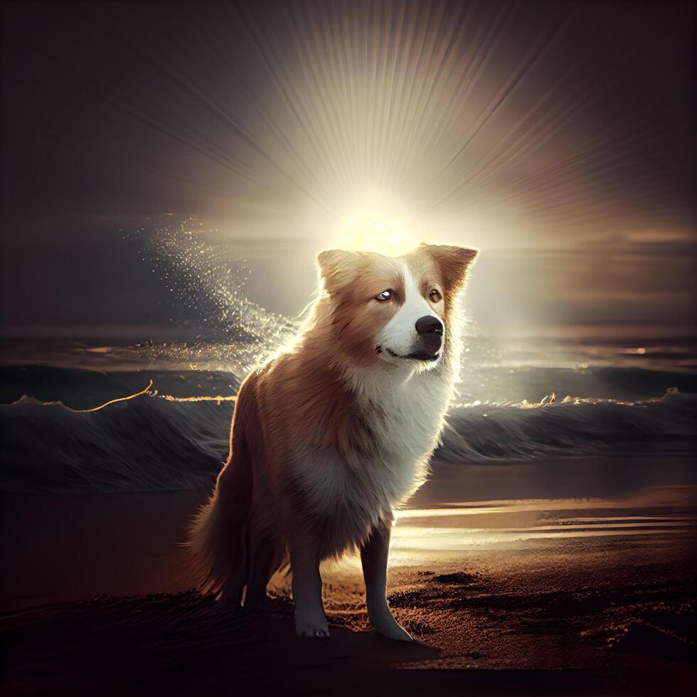 Border Collie dog on the beach at sunset. Collie is a breed of dog of the Welsh corgi breed., Image photo