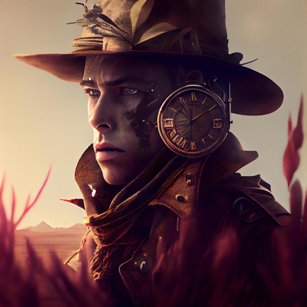 Portrait of a steampunk woman in the field. Fantasy and imagination., Image photo