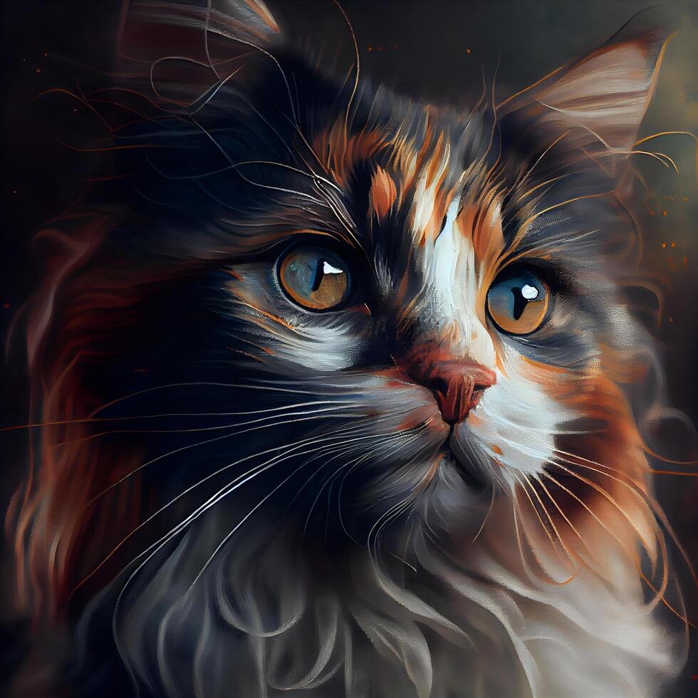 Portrait of a cat with orange eyes. Digital painting on canvas., Image photo
