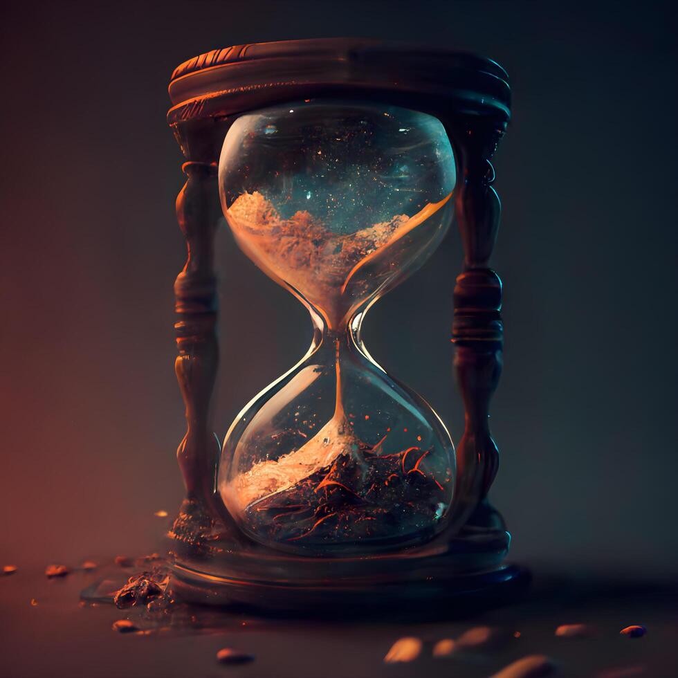 Hourglass with sand on dark background. Concept of time passing., Image photo
