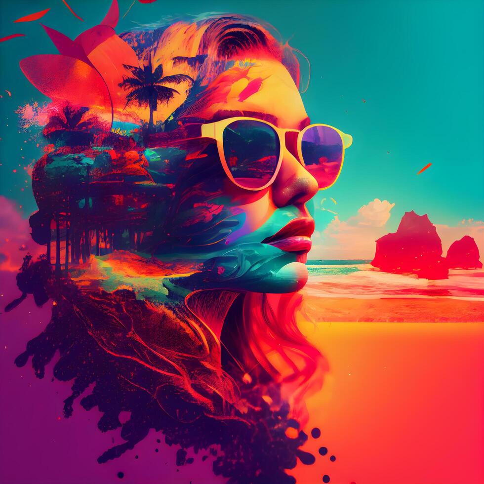 Contemporary art collage. Portrait of a beautiful woman in sunglasses on the beach., Image photo