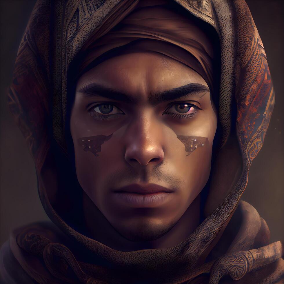 Portrait of a young muslim man with a face painted with oil paint., Image photo