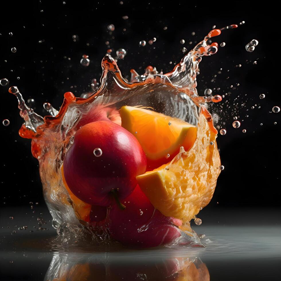 Water splashes and fruits on a black background. Close up., Image photo