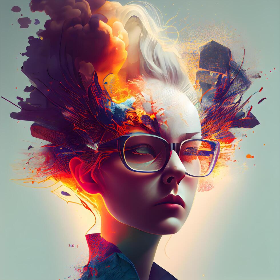 Portrait of a beautiful girl with glasses and colorful smoke in her hair., Image photo