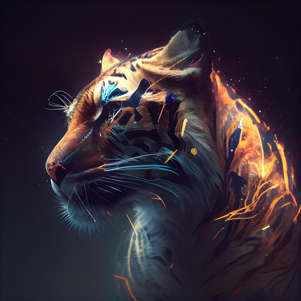 Tiger with fire effect on a dark background. Artwork., Image photo