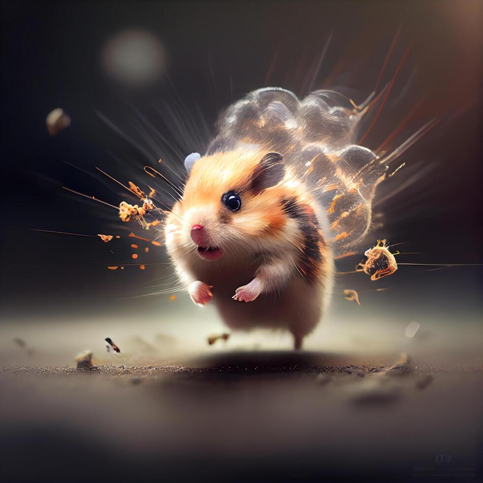 Hamster with a lot of smoke on a dark background. The hamster is flying in the air., Image photo