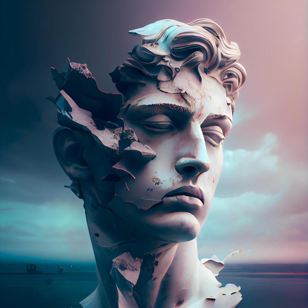 Statue of Apollo in the sea at sunset. Collage., Image photo