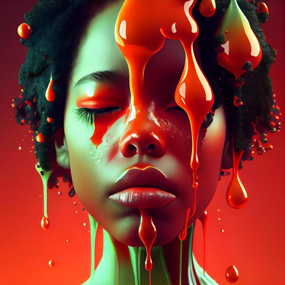 Fashion portrait of young beautiful african american woman with creative make-up and dripping paint., Image photo