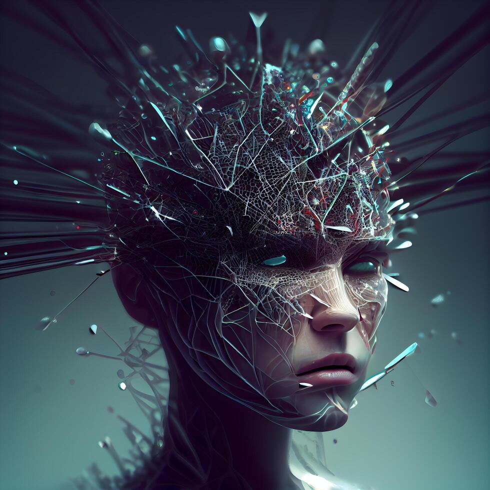 Futuristic 3D rendering of a female face made of chaotic particles., Image photo