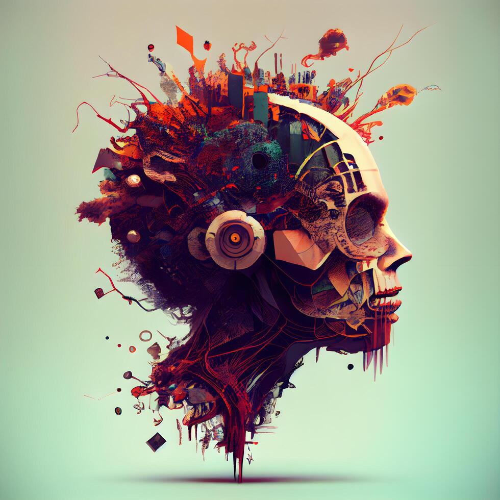 3d illustration of a human skull with headphones and music notes., Image photo