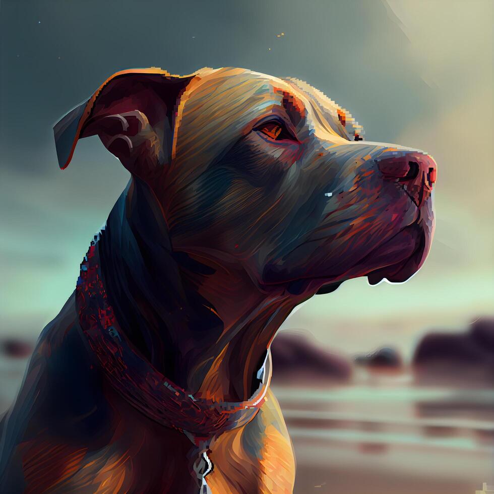 Digital painting of a Staffordshire Terrier in the sunset light., Image photo