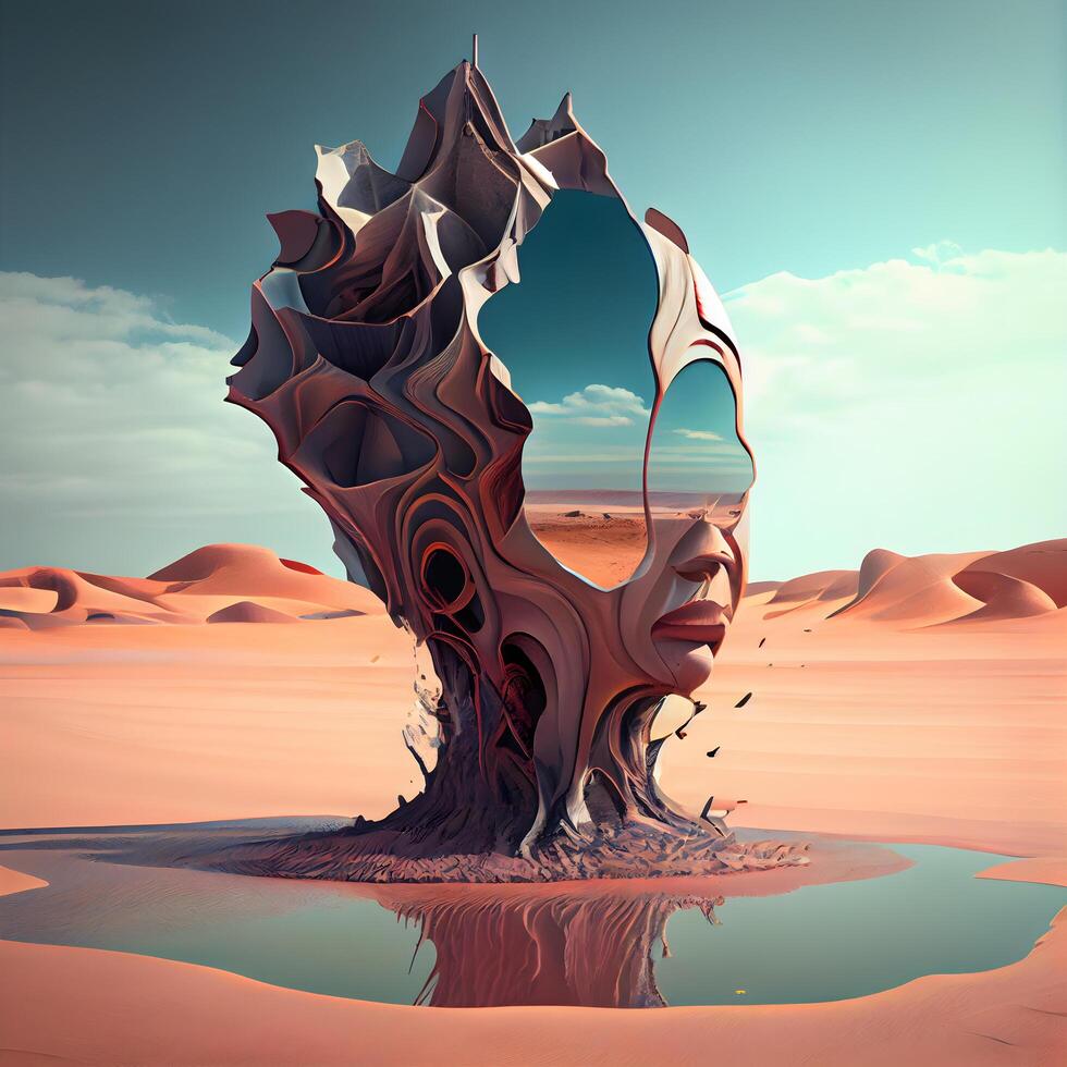 3D rendering of an african desert with a strange man., Image photo