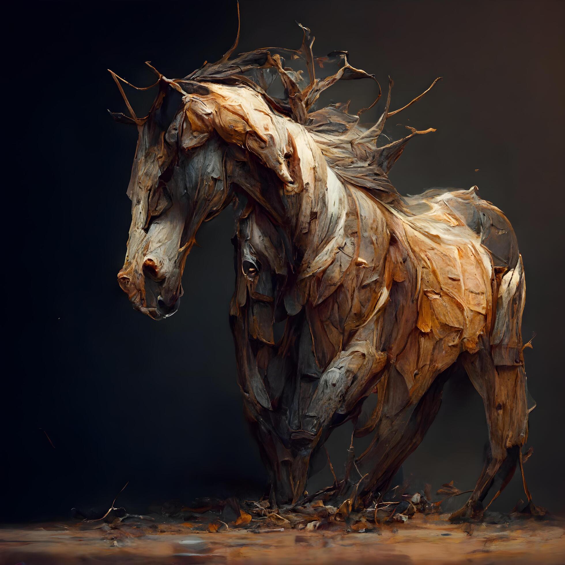 Horse made of wood on a black background. Artwork., Ai Generative Image
