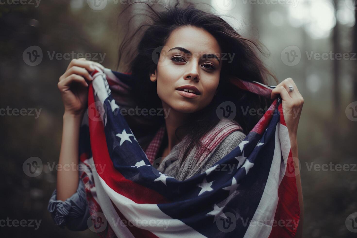 un hermosa joven mujer envuelto en un americano bandera en su cuello en el campo. ai generativo foto