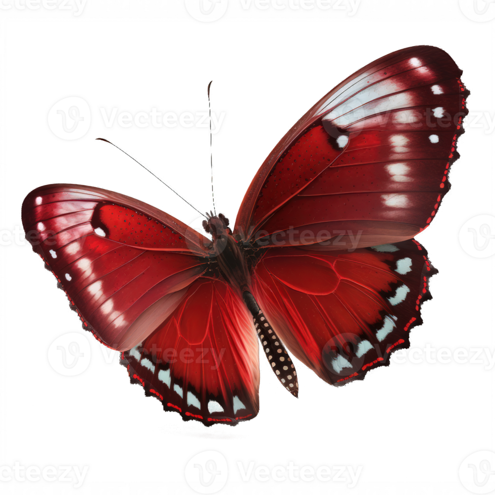 en slående och vibrerande röd fjäril med delikat vingar är fångad mot en transparent bakgrund, visa upp dess hisnande skönhet i Allt dess ära.generativ ai png