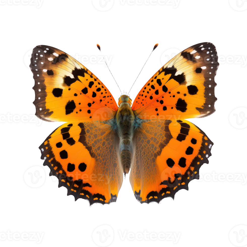 een verbijsterend oranje vlinder verschijnt naar vlotter in in de lucht Aan een transparant achtergrond, haar delicaat Vleugels verspreiding breed in een adembenemend Scherm van natuurlijk schoonheid.generatief ai png