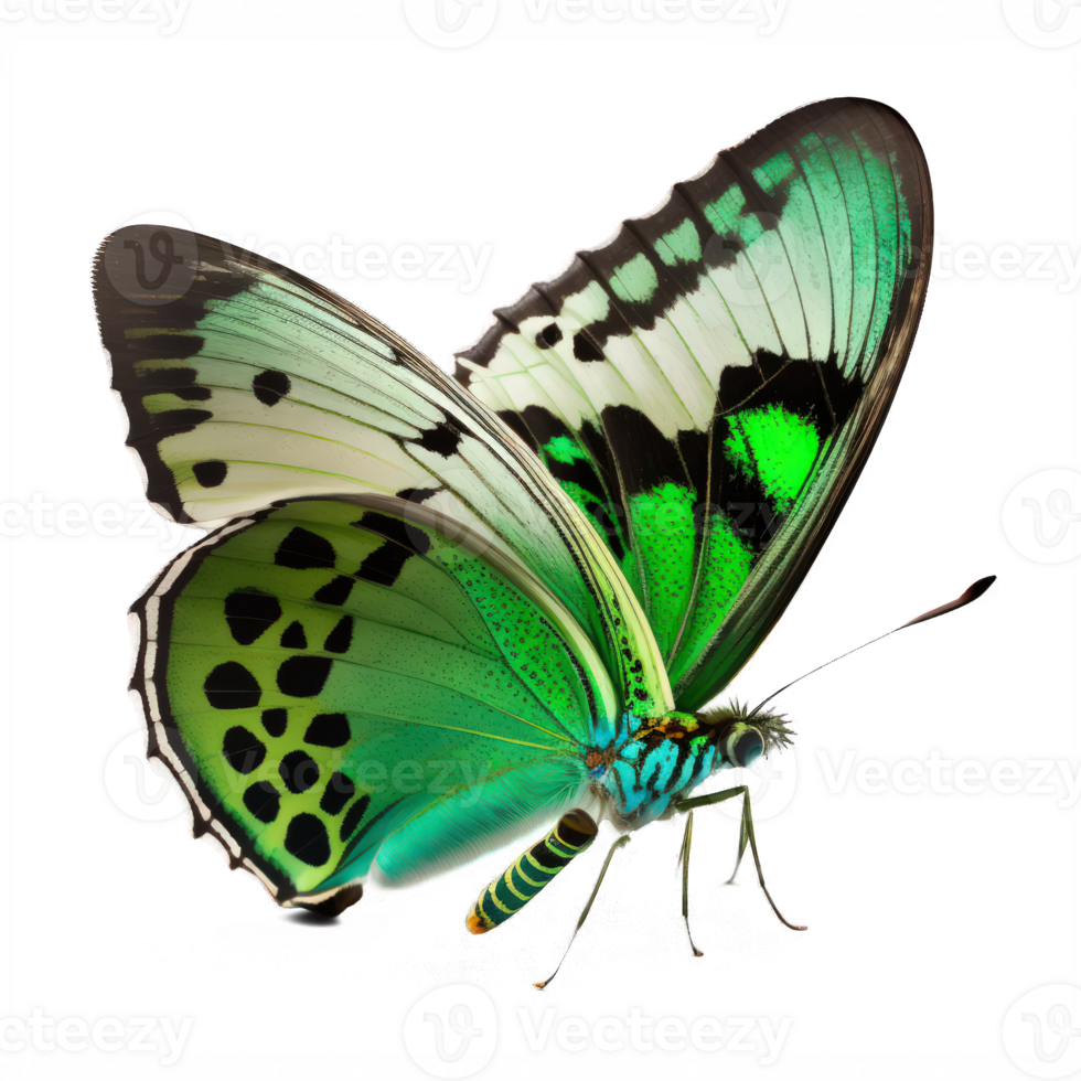 esta imagen representa un sensacionalmente hermosa verde mariposa con intrincado patrones en sus alas en un completamente transparente fondo, permitiendo para versátil y creativo uso.generativo ai png