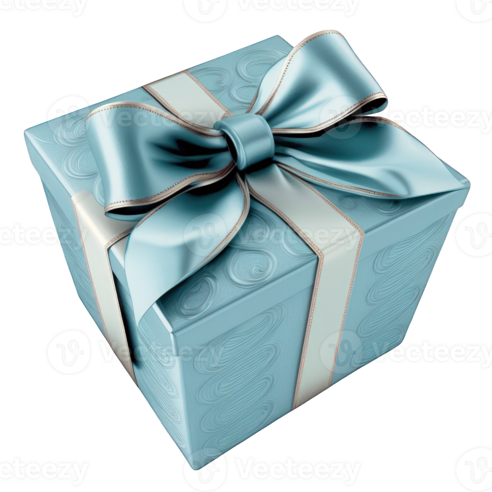 un maravilloso azul regalo caja adornado con un maravilloso arco, metido en contra un transparente fondo, Listo a ser lleno con sorpresas y delicias.generativas ai png
