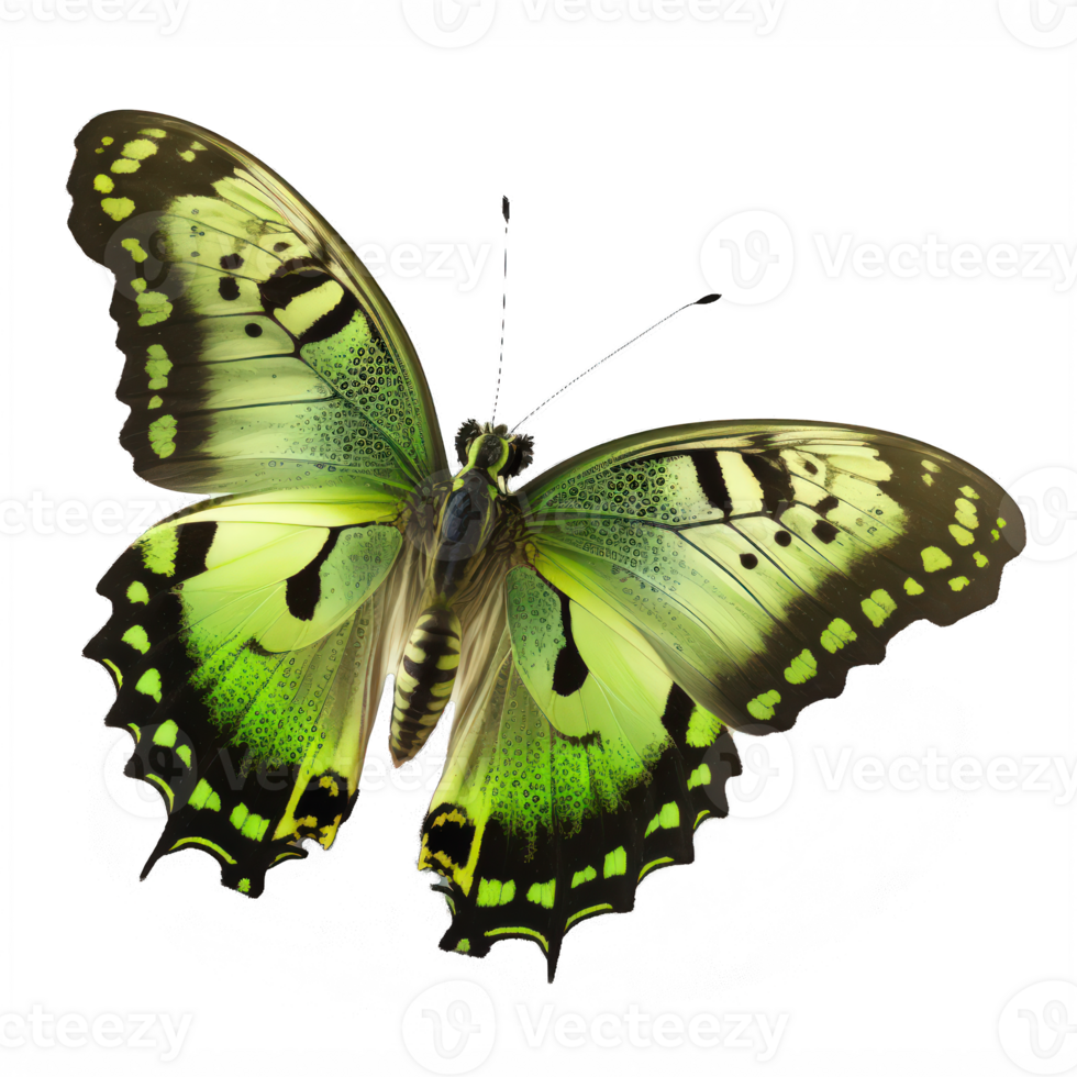 A stunning green butterfly glows brightly against a clear, transparent background, making its intricate details and delicate wingspan stand out in full view. png