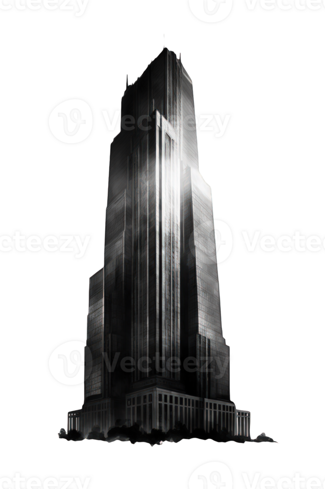 This image features a stunning skyscraper that towers above the city skyline in all its dark glory. png