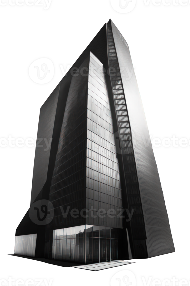 A stunning skyscraper stands tall against a clear, transparent background, its dark exterior reflecting the light from the surrounding city as rays of sunshine peek behind it. png