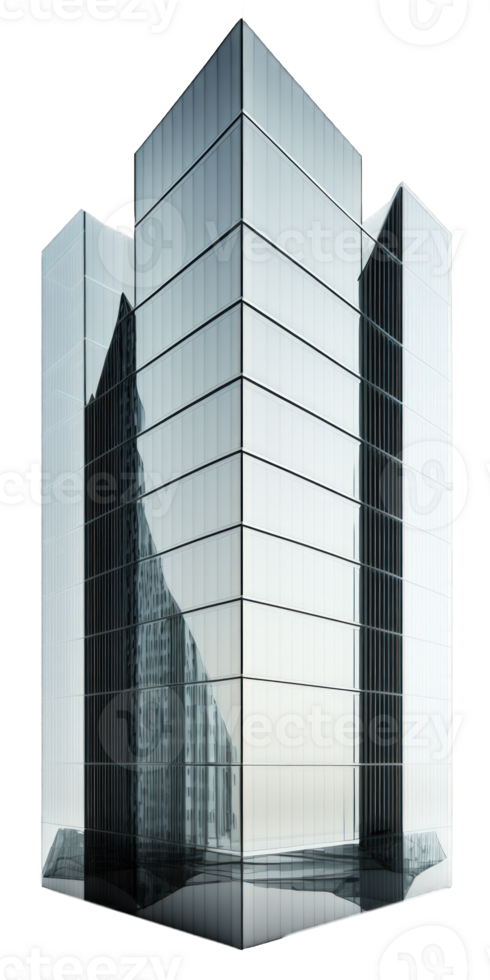 A stunning glass skyscraper stands tall and proud on a transparent background, showcasing its intricate architectural design and reflecting the surrounding environment with elegance. png