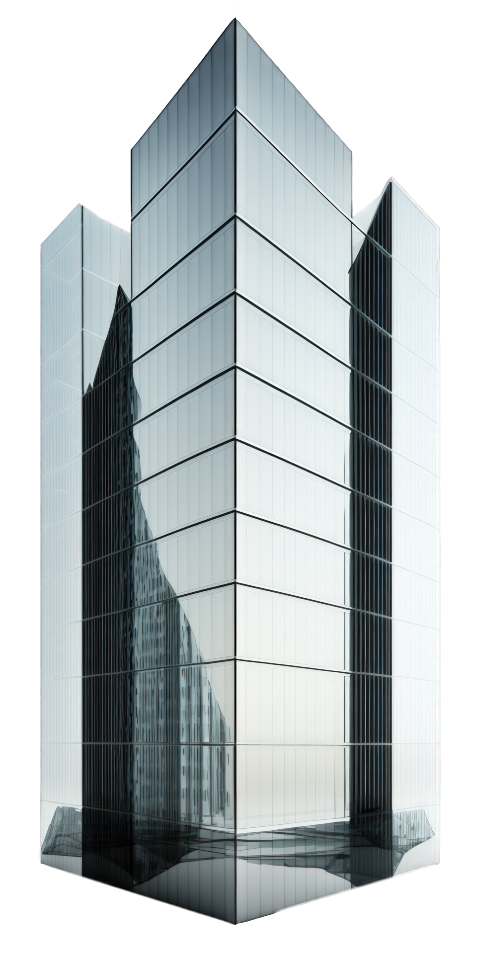 A stunning glass skyscraper stands tall and proud on a transparent