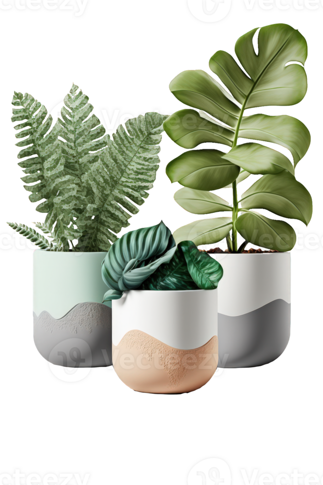 A stunning array of plants housed in delicate ceramic pots are showcased against a crystal-clear background, capturing the essence of nature's beauty in a single image. png