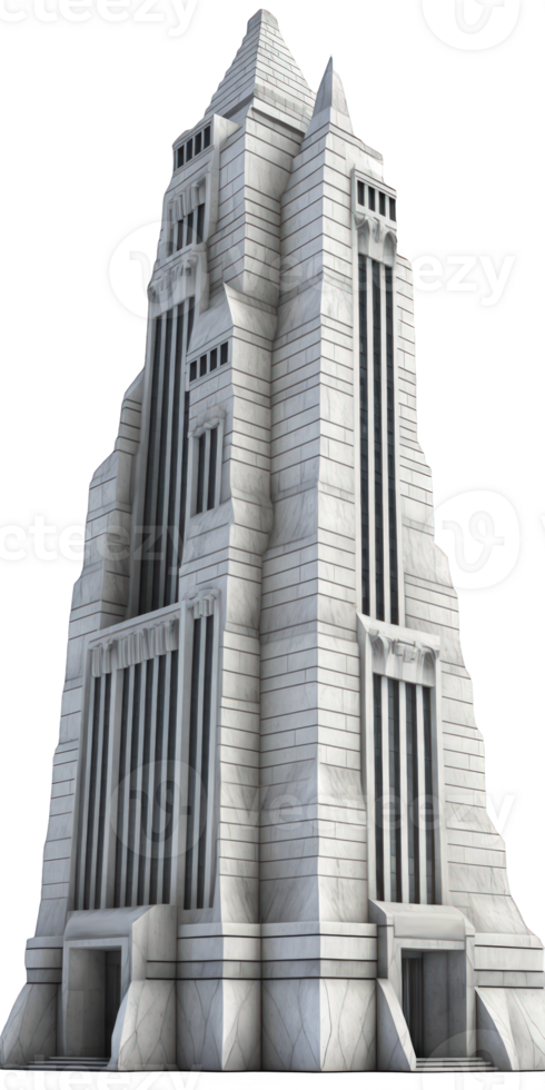 A stunning stone skyscraper appears to stand alone in mid-air against a transparent background, boasting its grandeur and elegance. png