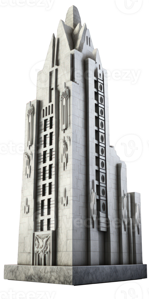 The image shows a striking skyscraper crafted from beautiful stone, set against a transparent background which sets off its intricate design and grandeur. png