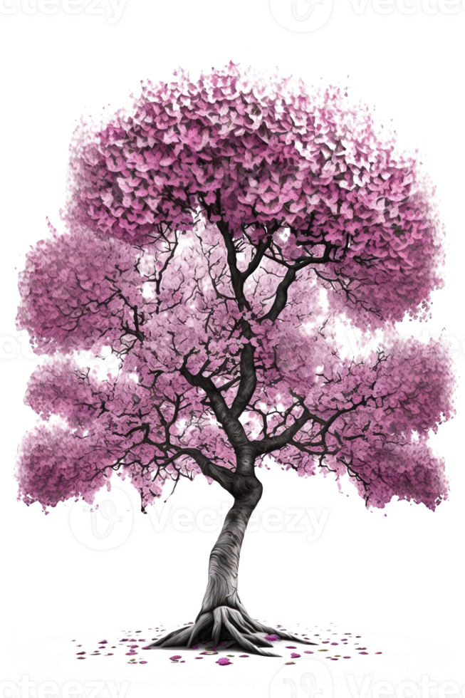 This image depicts a stunning cherry tree in full bloom on a clear, transparent background, highlighting the delicate pink blossoms and lush green leaves. png