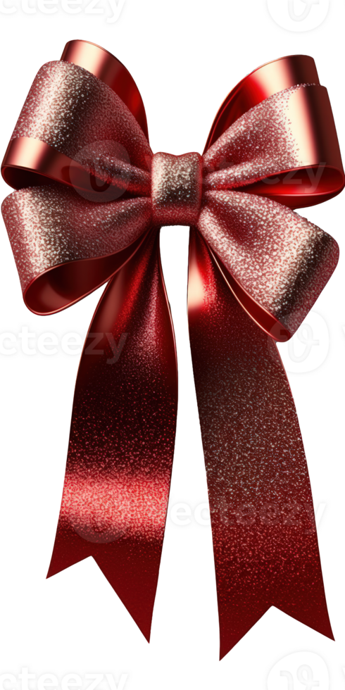 A shiny red bow ribbon with glittering accents floats against a clear background, ready to add a touch of glam to any project or design. png