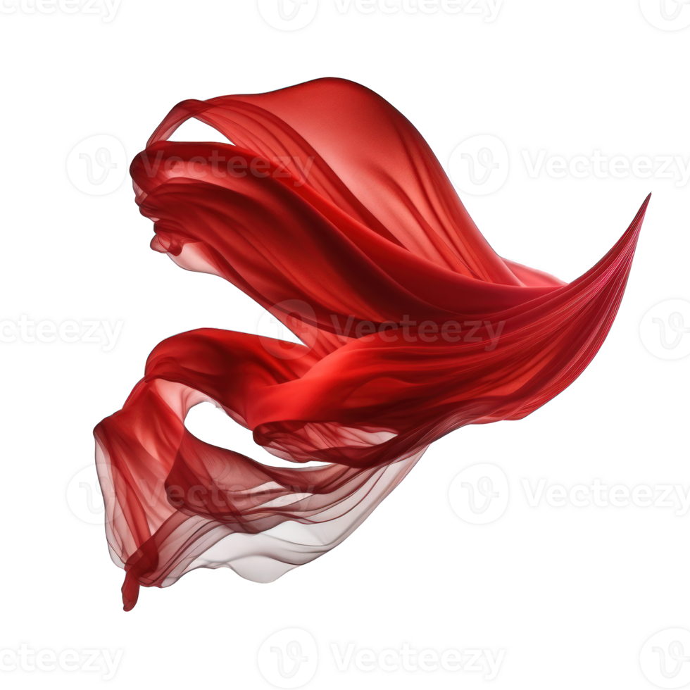 A vibrant red silk hangs gracefully mid-air, its flowing texture elegantly captured on a transparent background. png