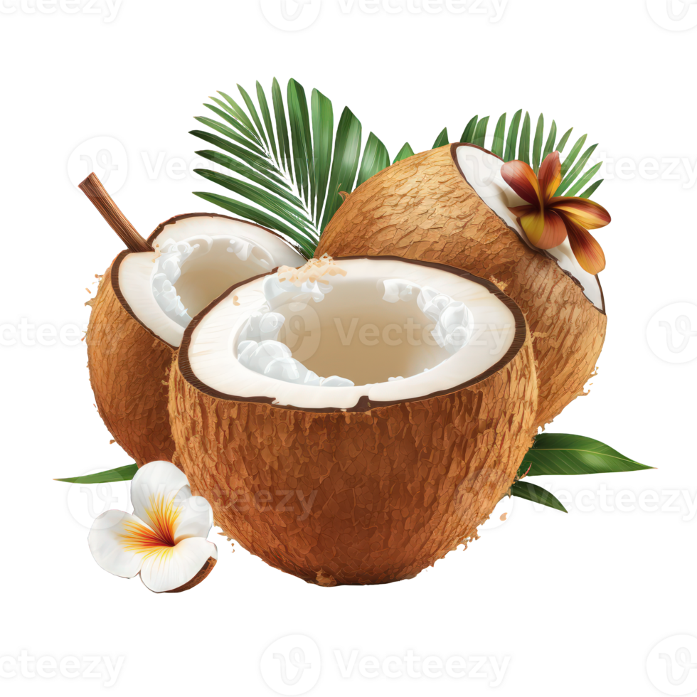 This image features highly-detailed, lifelike coconuts against a clean and transparent background, providing a clear and unobstructed view of the fruit's natural shape and texture. png