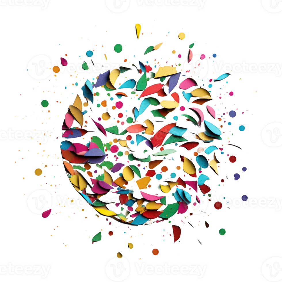 The image depicts a festive scene with multicolored confetti scattered on a transparent background. The colors of the confetti are vibrant and playful, presenting a joyous. png