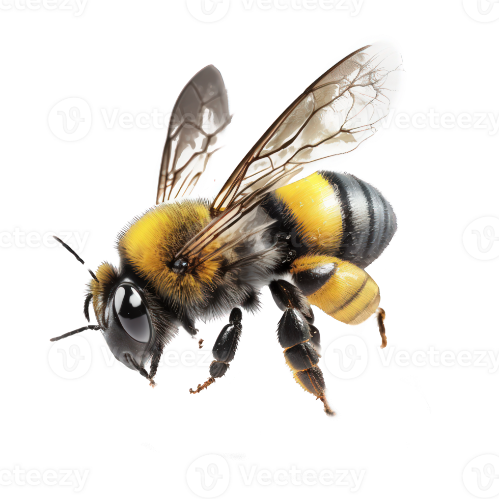 This image features a breathtakingly lifelike bee in mid-flight, set against a transparent background. png