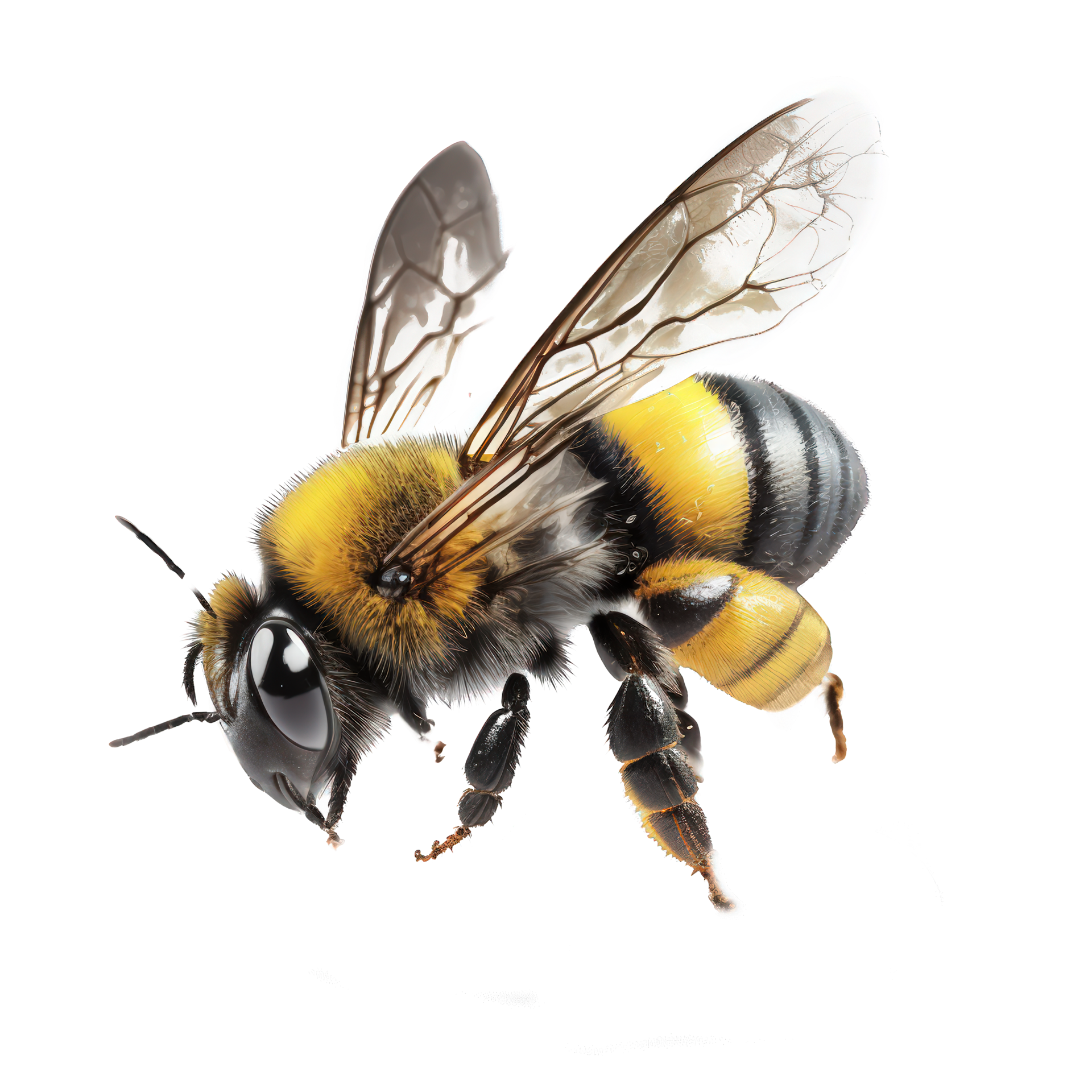 un' dettagliato e realistico ape è catturato a metà volo contro un' chiaro  e guardare attraverso sfondo, in mostra suo grazioso Ali e intricato corpo  design.generative ai 23575329 PNG