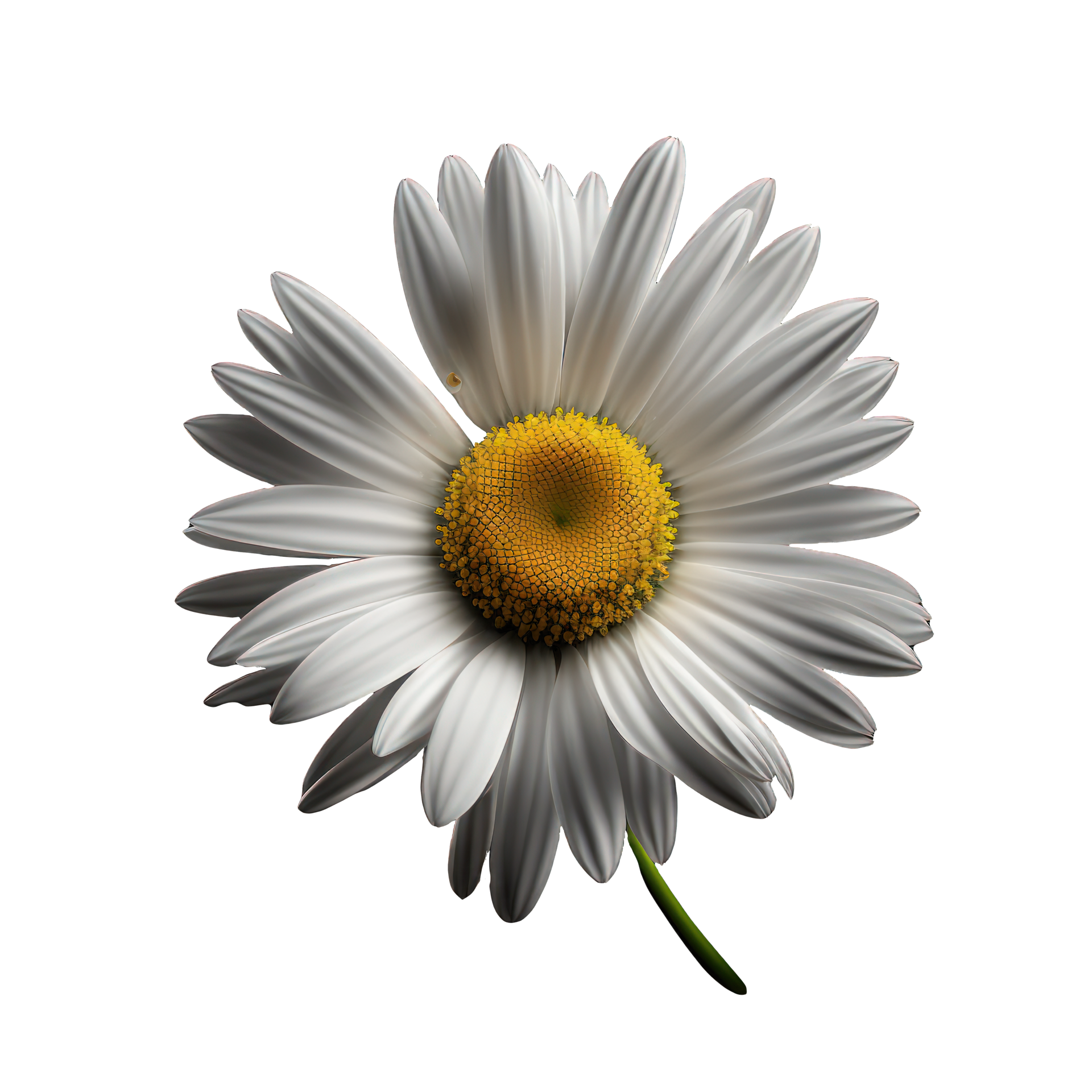 A beautiful and lifelike daisy bloom stands tall and proud on a clear and seethrough background