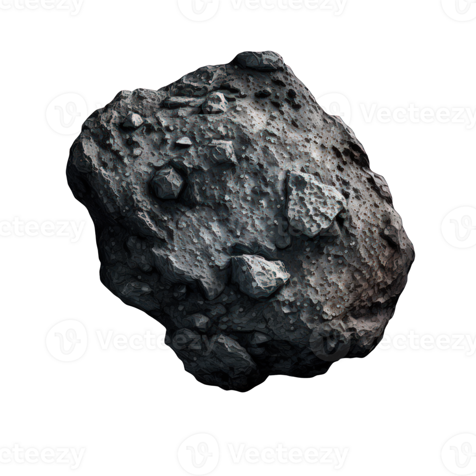 The image depicts a highly detailed asteroid suspended in mid-air against a transparent background, allowing its intricate features to shine through. png
