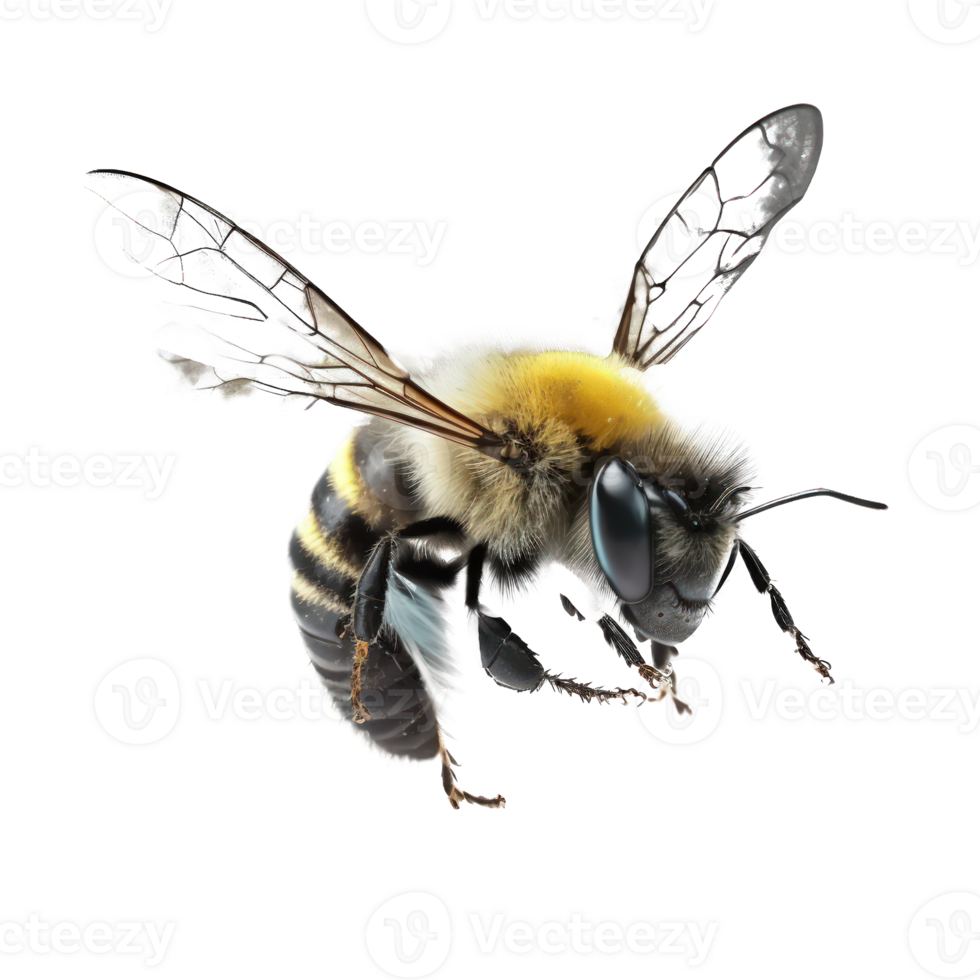 A breathtakingly lifelike bee takes flight on a transparent background, its delicate wings beating with graceful precision. png