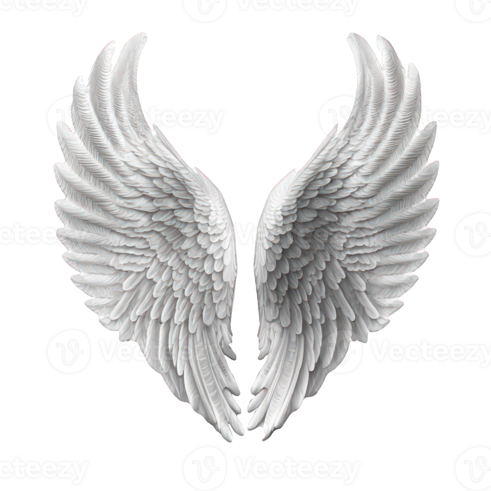 A stunningly detailed and lifelike angel wing on a completely transparent background, allowing the viewer to fully appreciate the intricate beauty of each feather and curve of the wing. png