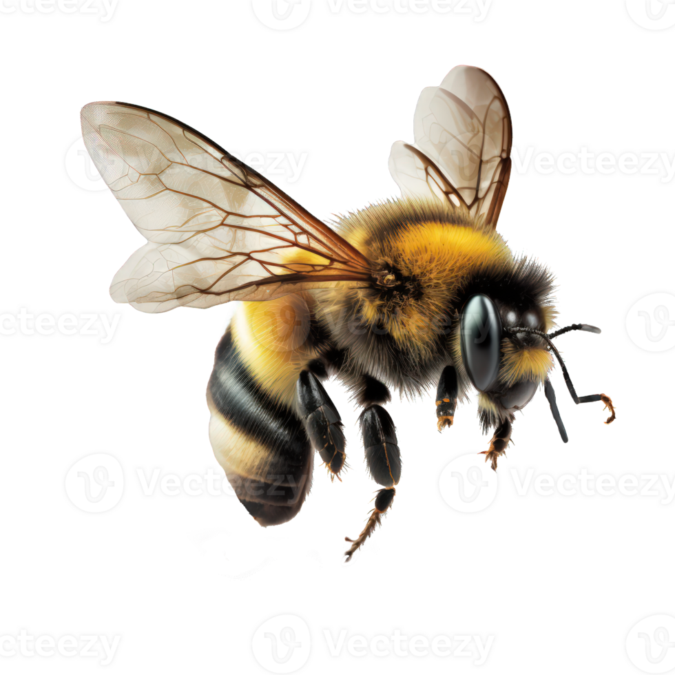 A detailed and lifelike bee is captured mid-flight against a clear and see-through background, showcasing its graceful wings and intricate body design. png