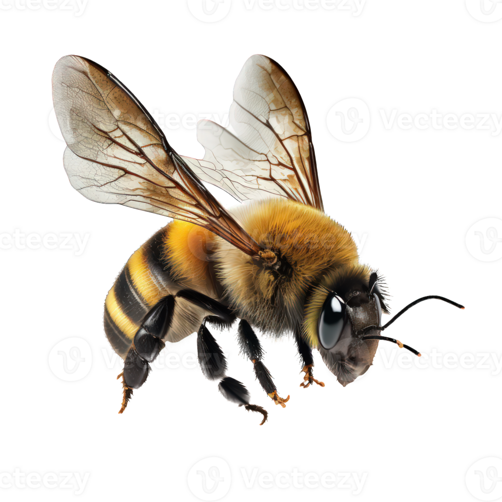 A striking image of a lifelike bee, captured mid-flight, set against a clean and enchanting transparent backdrop. png