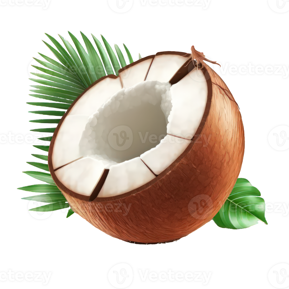 The image depicts realistic coconuts suspended on a transparent background, showcasing their natural shape, texture, and color. png