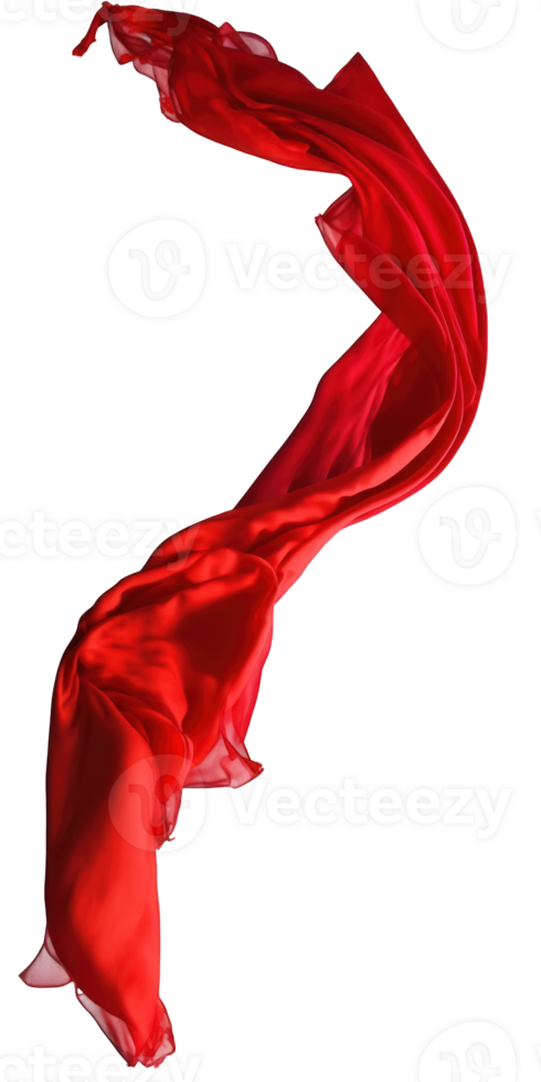 This image displays a long, flowing red silk fabric gracefully flying in the air against a transparent background, creating a striking and beautiful visual effect. png