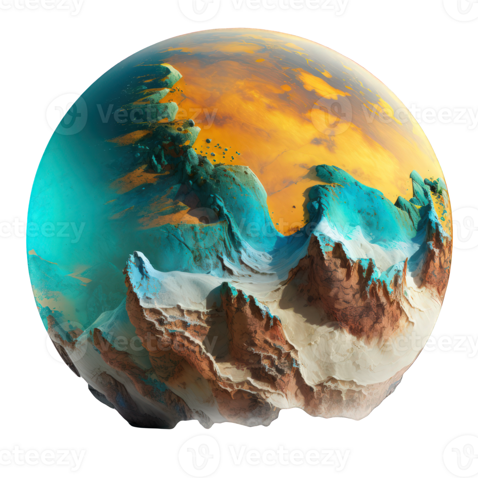 das Bild zeigt ein höchst detailliert, realistisch Außerirdischer Planet Das schwebt auf ein transparent Hintergrund, präsentieren es ist beschwingt Farben und einzigartig Features.generativ ai png