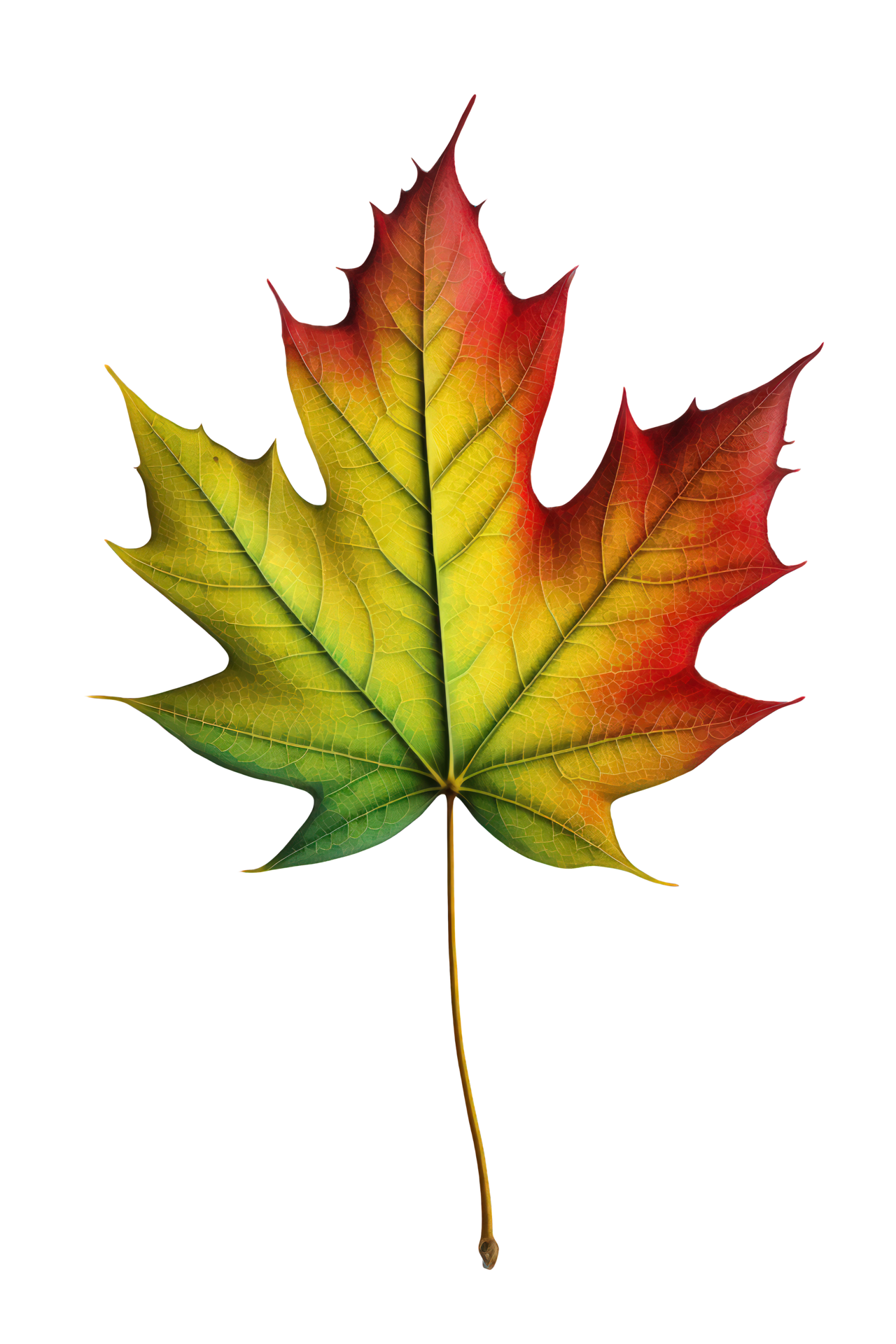 A colorful maple leaf in shades of green, yellow, and red is depicted  against a transparent background, showcasing the beauty of autumn foliage.Generative  AI 23575356 PNG